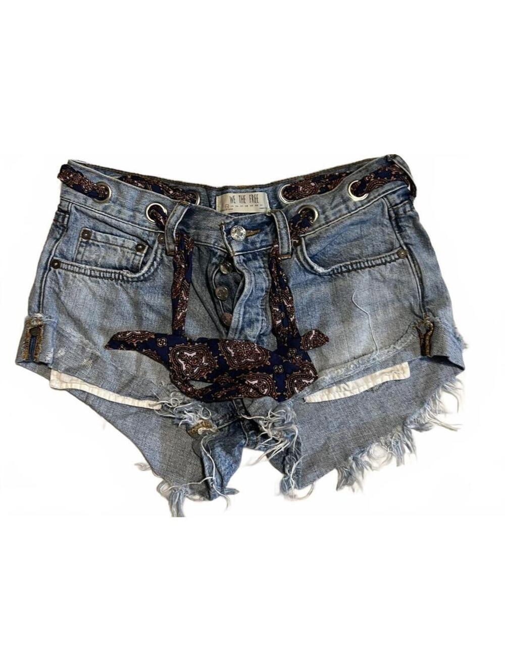 We The Free Distressed Denim Shorts with Paisley Belt